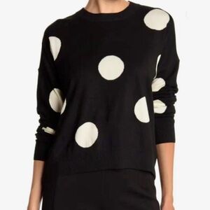 T Tahari Black And Cream Polka Dot Crewneck Sweater, Size Small